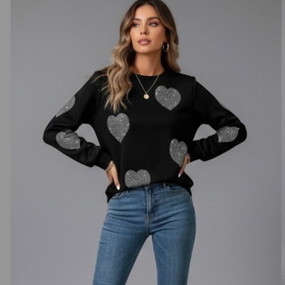 Rhinestone Heart Pattern Crew Neck Sweatshirt Black - Picture 1 of 9